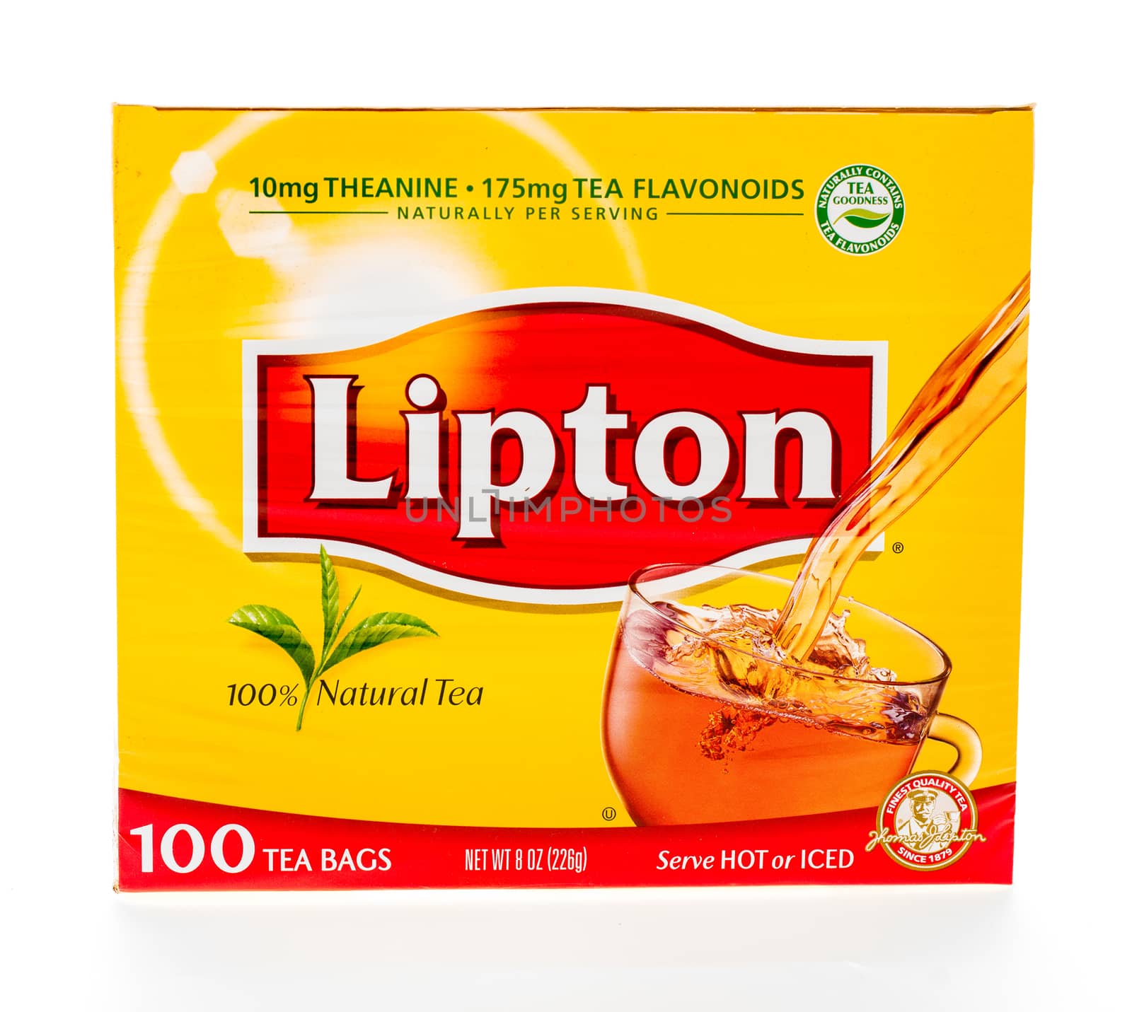 Winneconne, WI - 8 February 2015:  Box of 100 Lipton Tea bag, serve either hot or cold.