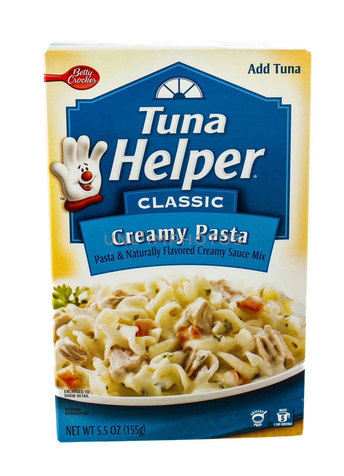 Winneconne, WI - 5 February 2015:  Box of Betty Crocker Tuna Helper  Creamy Pasta flavor.  All one does is add tuna and have a complete meal.