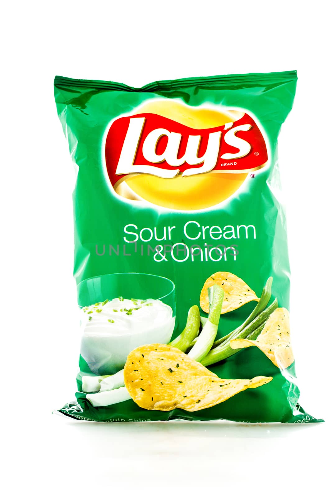 Winneconne, WI - 3 February 2015: Bag of 10 OZ Frito Lay Sour Cream & Onion potato chips. Frito-Lay is the worlds largest distributed snack food.