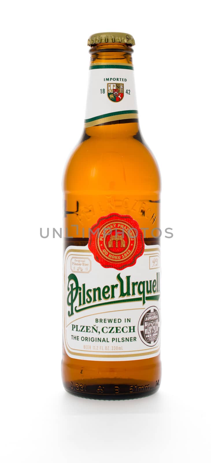 Winneconne, WI - 3 February 2015:  Pilsner Urquell beer was first brewed in 1842 and located in Plzen, Czech Republic.