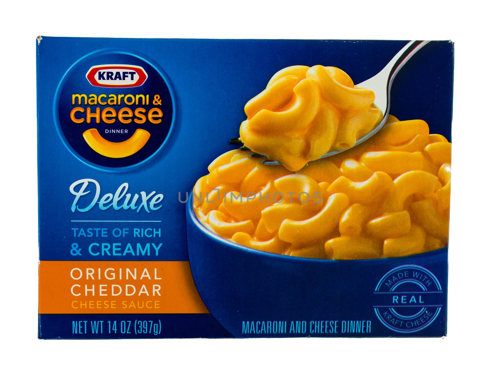 Winneconne, WI - 5  February 2015: Package of Kraft Macaroni & Cheese Deluxe meal with chedder sauce.  Kraft was founded in 1903 and is located in Northfield, IL.