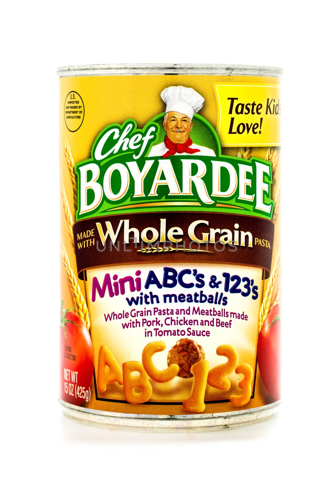 Winneconne, WI - 3 February 2015:  Can of Mini ABC's & 123's with meatballs by Chef Boyardee. Chef Boyardeee has been enjoyed by everyone since 1928.