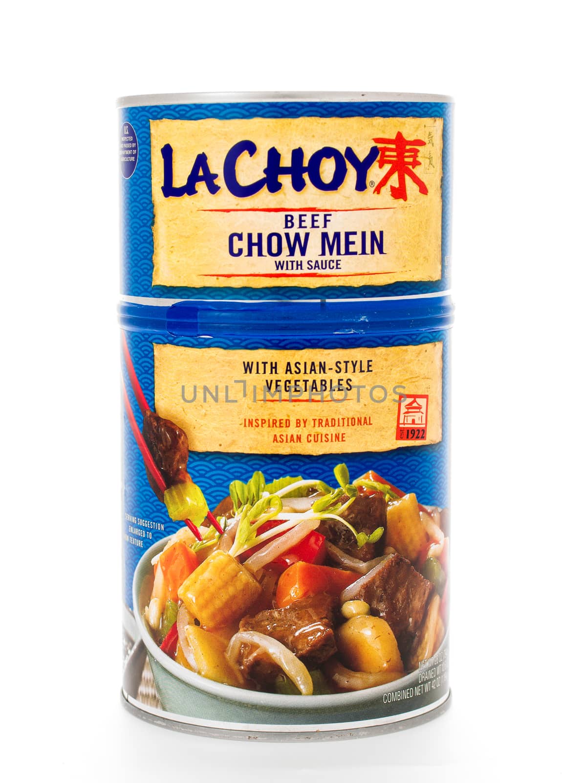Winneconne, WI - 8 February 2015:  Can of LaChoy Beef Chow Mein with Asian-Style Vegetables.