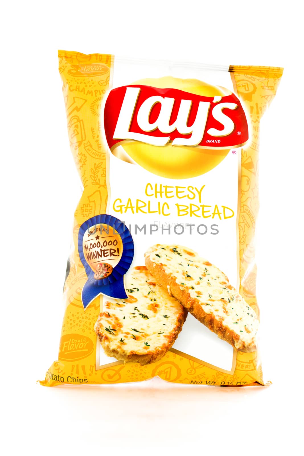 Winneconne, WI - 3 February 2015: Bag of 10 OZ Frito Lay Cheesy Garlic Bread potato chips. Frito-Lay is the worlds largest distributed snack food.