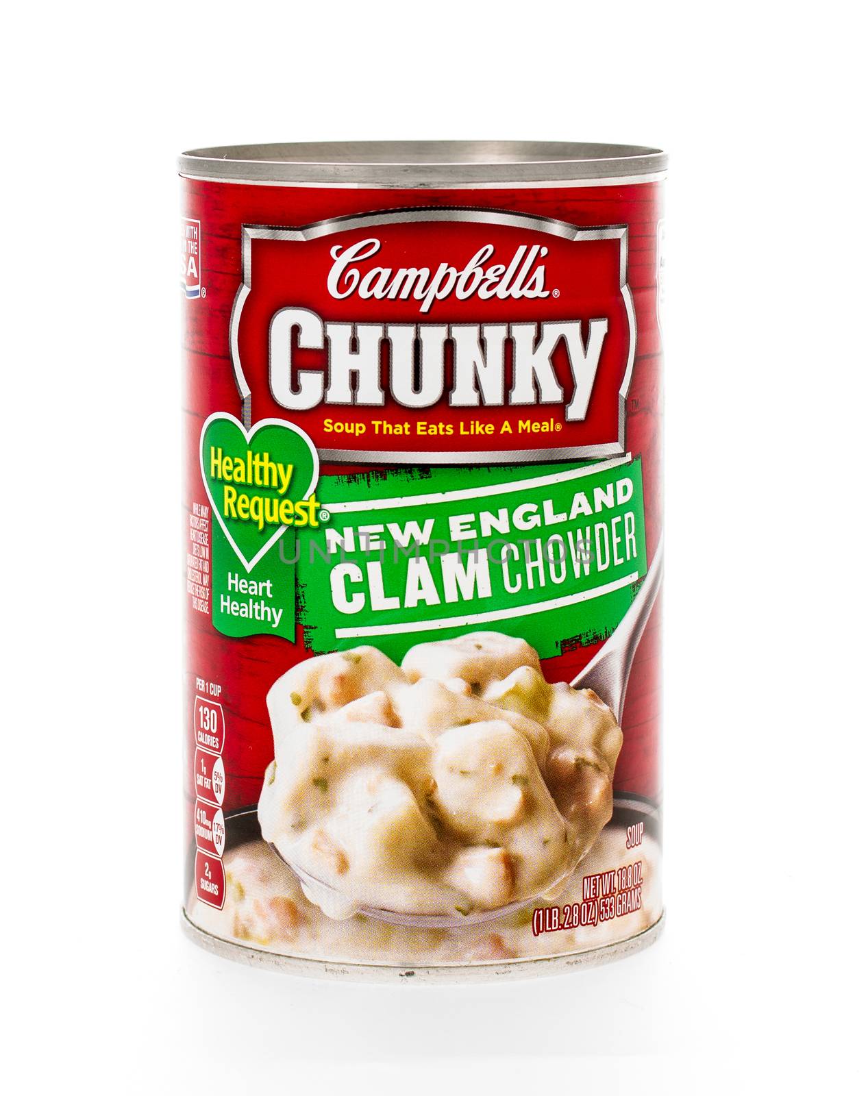 Winneconne, WI - 7 February 2015: Can of Campell's Chunky Healthy Request New England Clam Chowder soup.