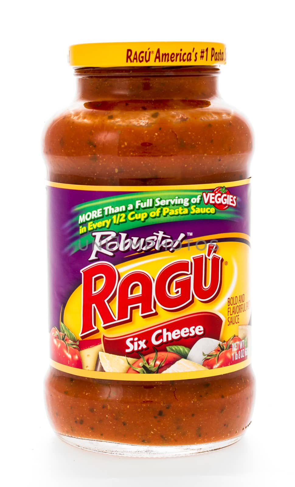 Winneconne, WI - 7 February 2015:  Jar of Ragu Six Cheese flavored pasta sauce.