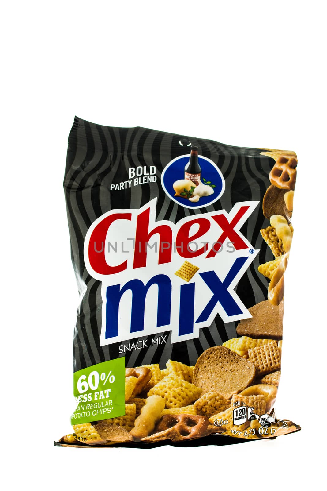 Winneconne, WI - 4 February 2015: Bag of Chex Mix Bold Party Blend snack mix. Created in 1985 as pre-packaged and is now owned by General Mills.