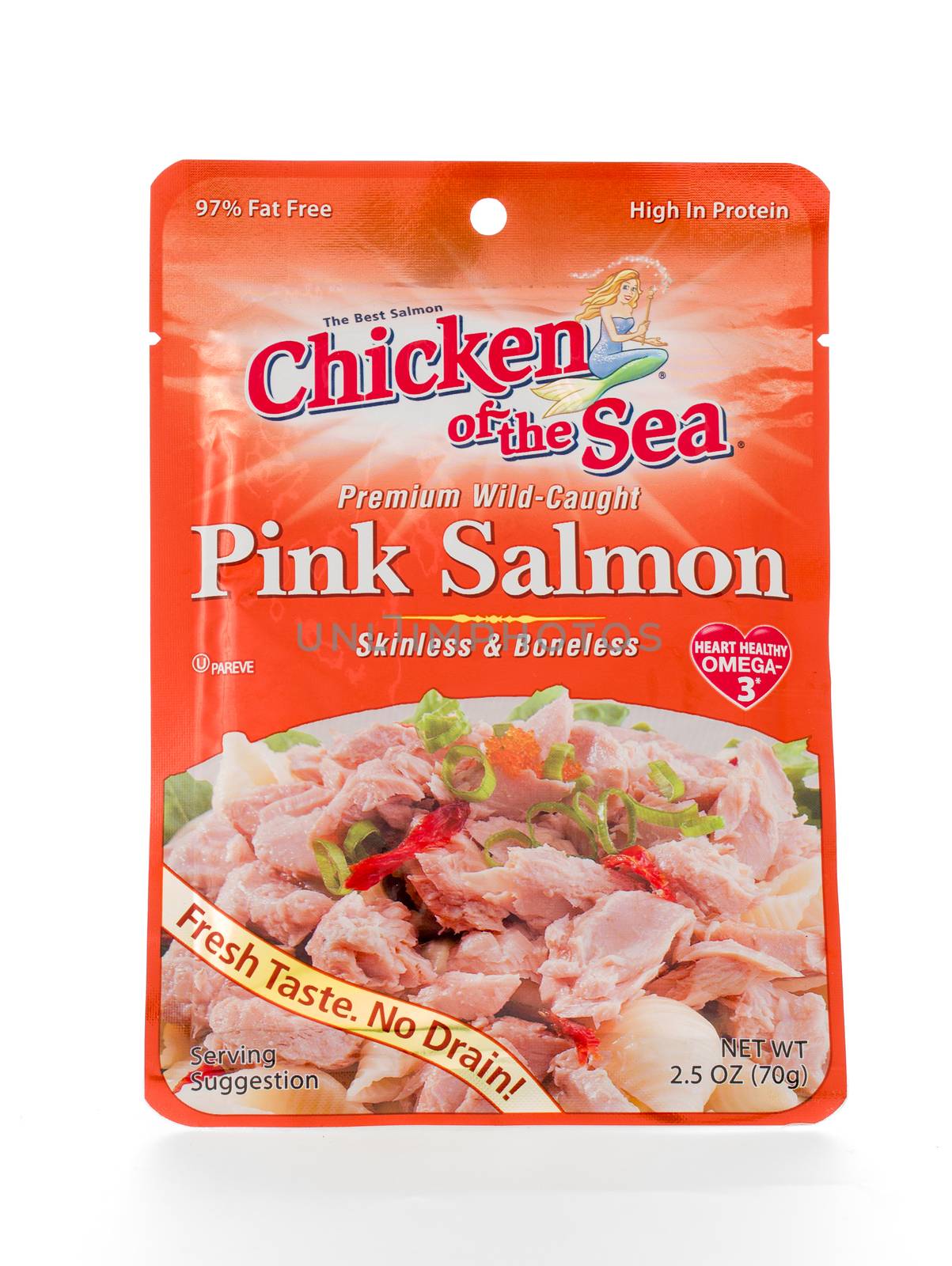 Winneconne, WI - 7 February 2015: Pouch of Pink Salmon made by Chicken of the Sea.