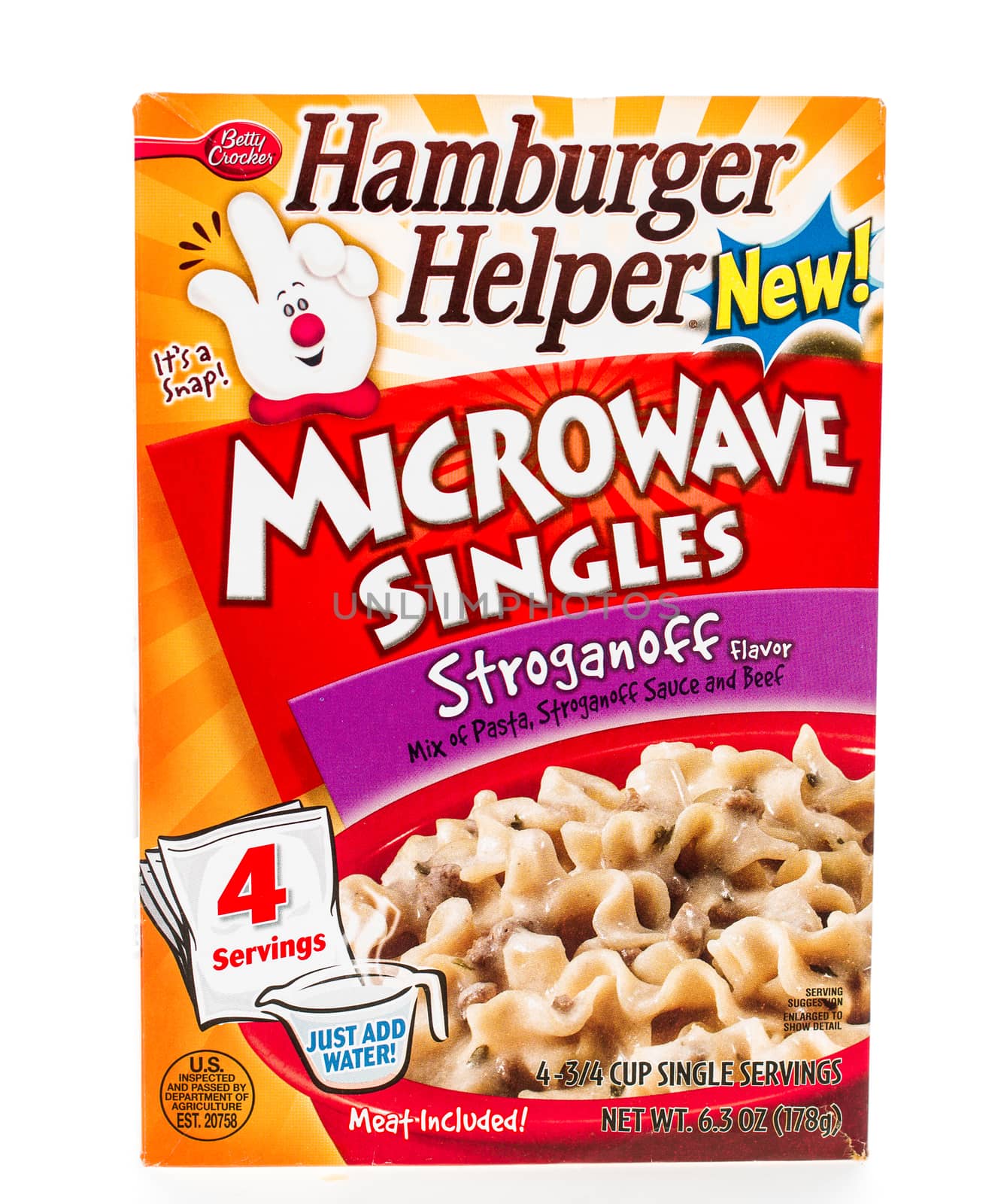 Winneconne, WI - 8 February 2015: Box of Hamburger Helper Stoganoff microwave singles,  Just water to complete the meal.