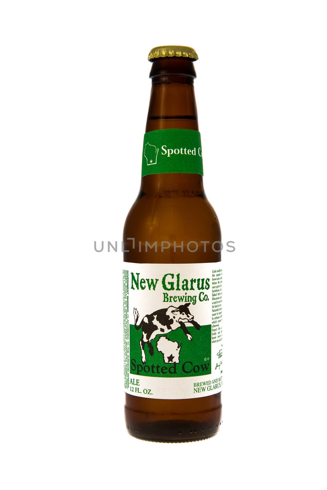 Winneconne, WI - 11 February 2015:  Bottle of New Glarus Spotted Cow beer brewed in Wisconsin.