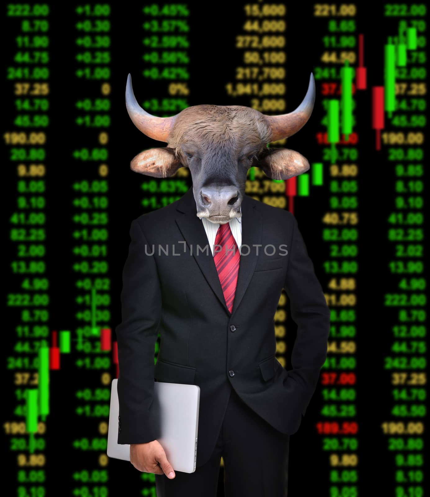 business man with bull head in tock investment concept