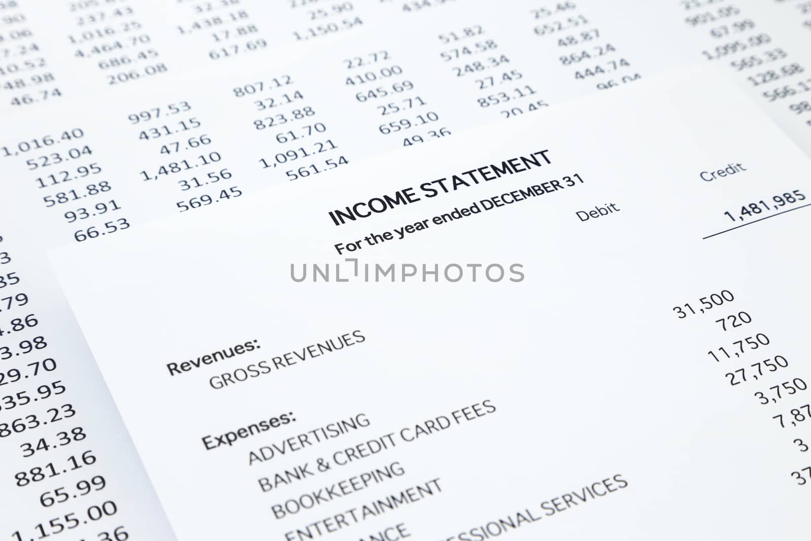 Income statement with detail list of revenues and expenses, accounting concept for small business, black and white tone image