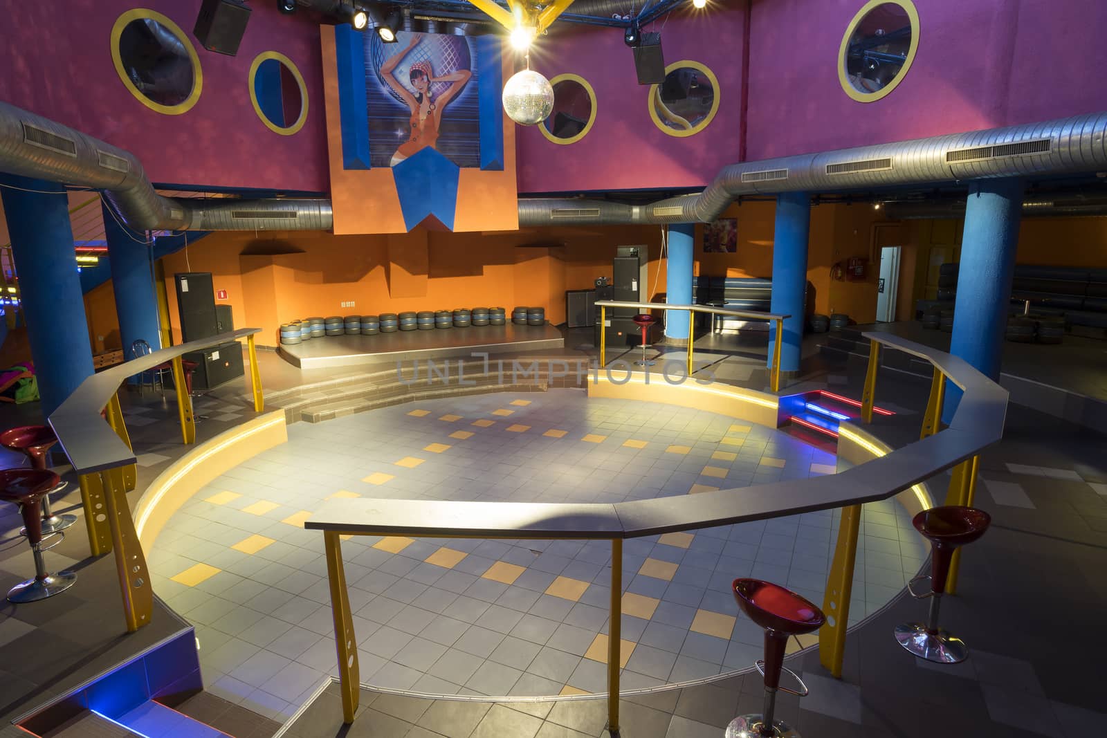 An empty room for dancing in the disco club.