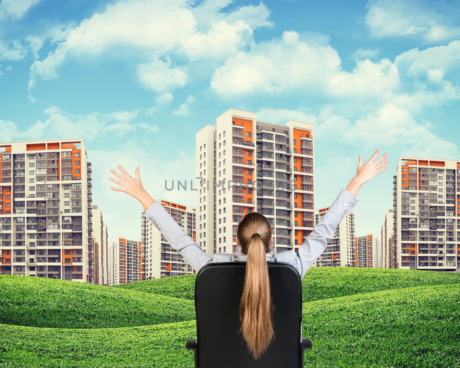 Businesswoman sitting on office chair. Green hills with buildings and sky by cherezoff