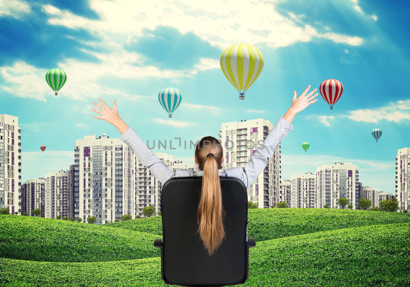 Businesswoman sitting on office chair. Green hills with buildings and sky by cherezoff