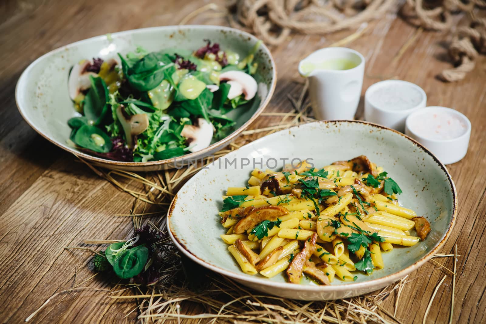 pasta penne with mushrooms grilled in sour cream sauce