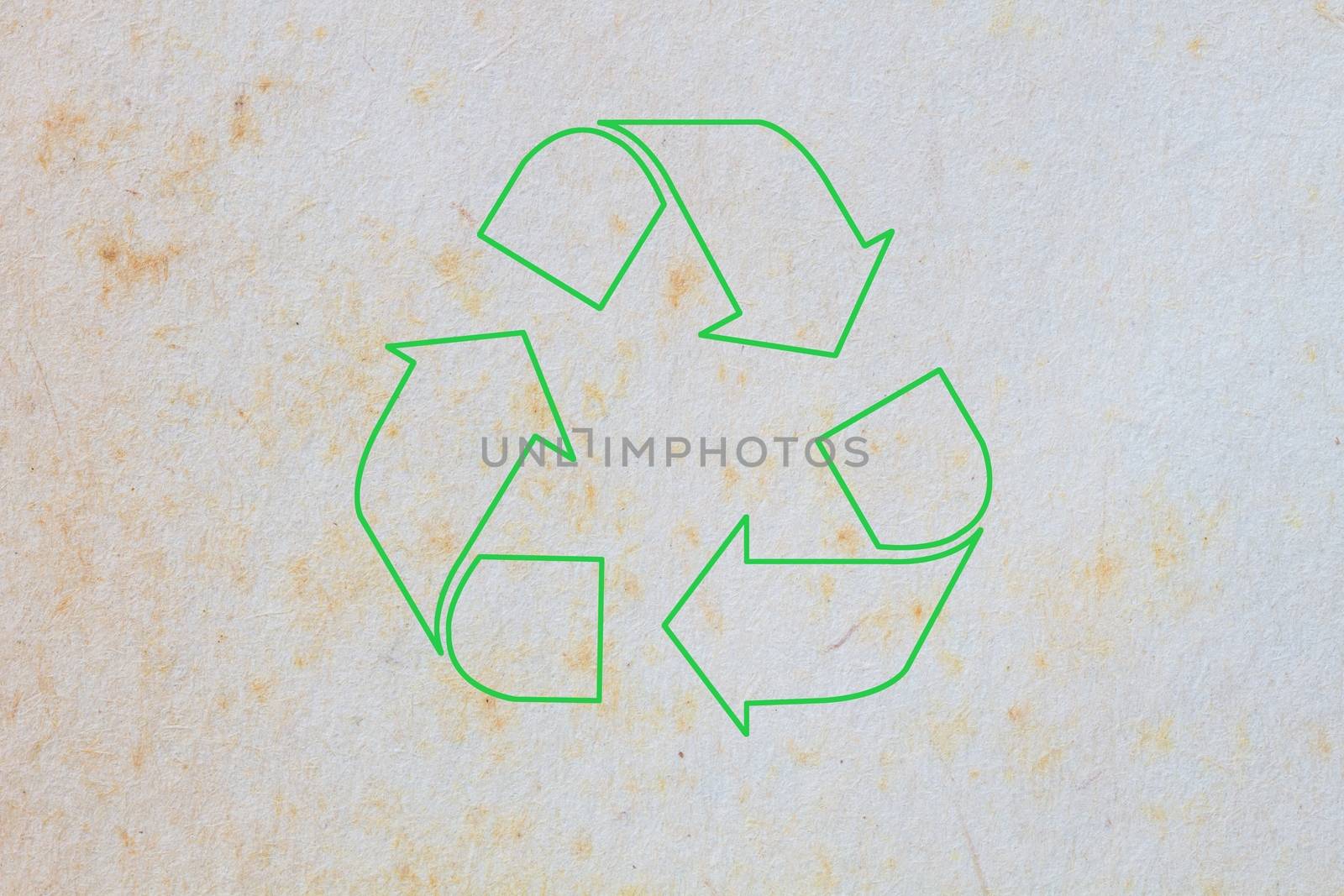 texture of old paper with yellow stain, background, with green sign of recycle