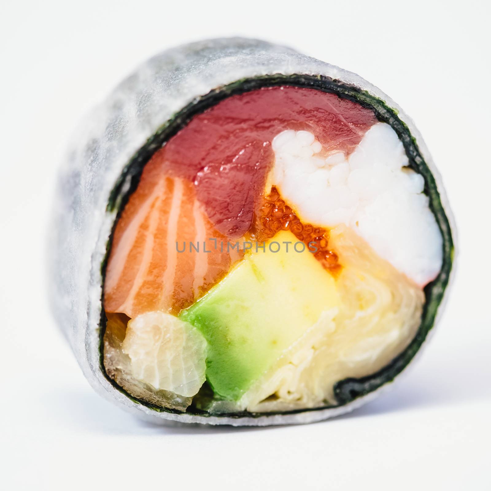 traditional fresh japanese sushi rolls on a white background