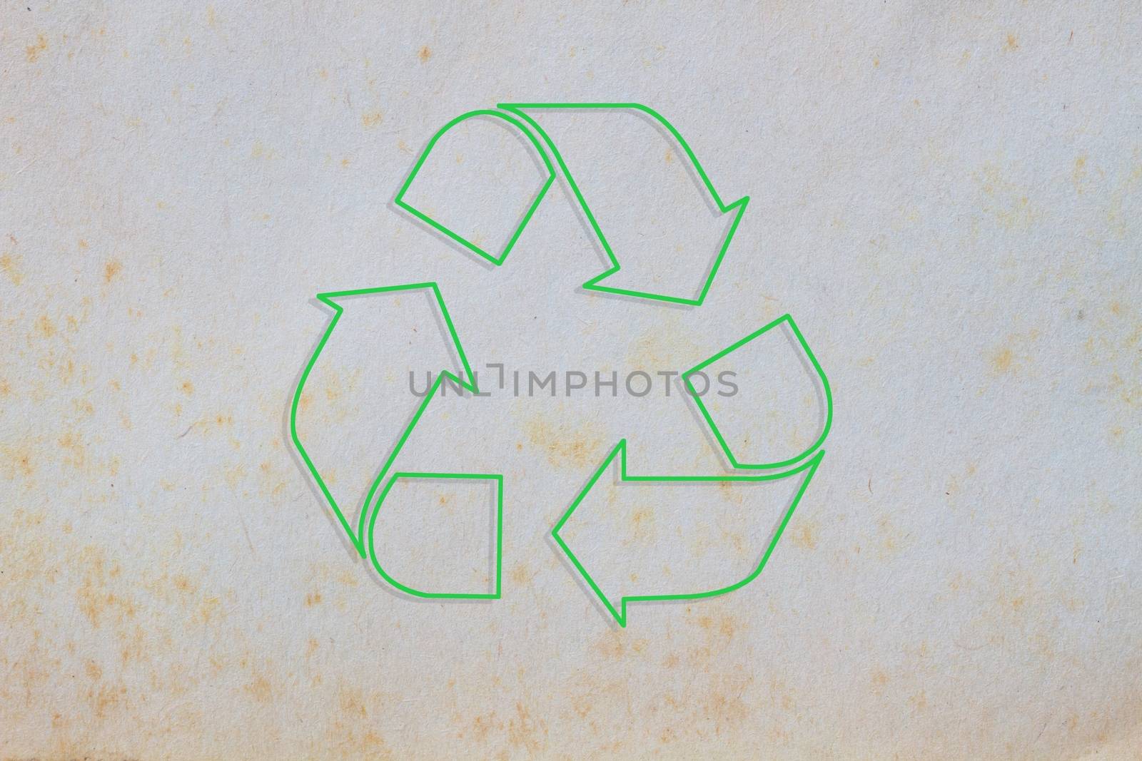 texture of old paper with yellow stain, background, with green sign of recycle