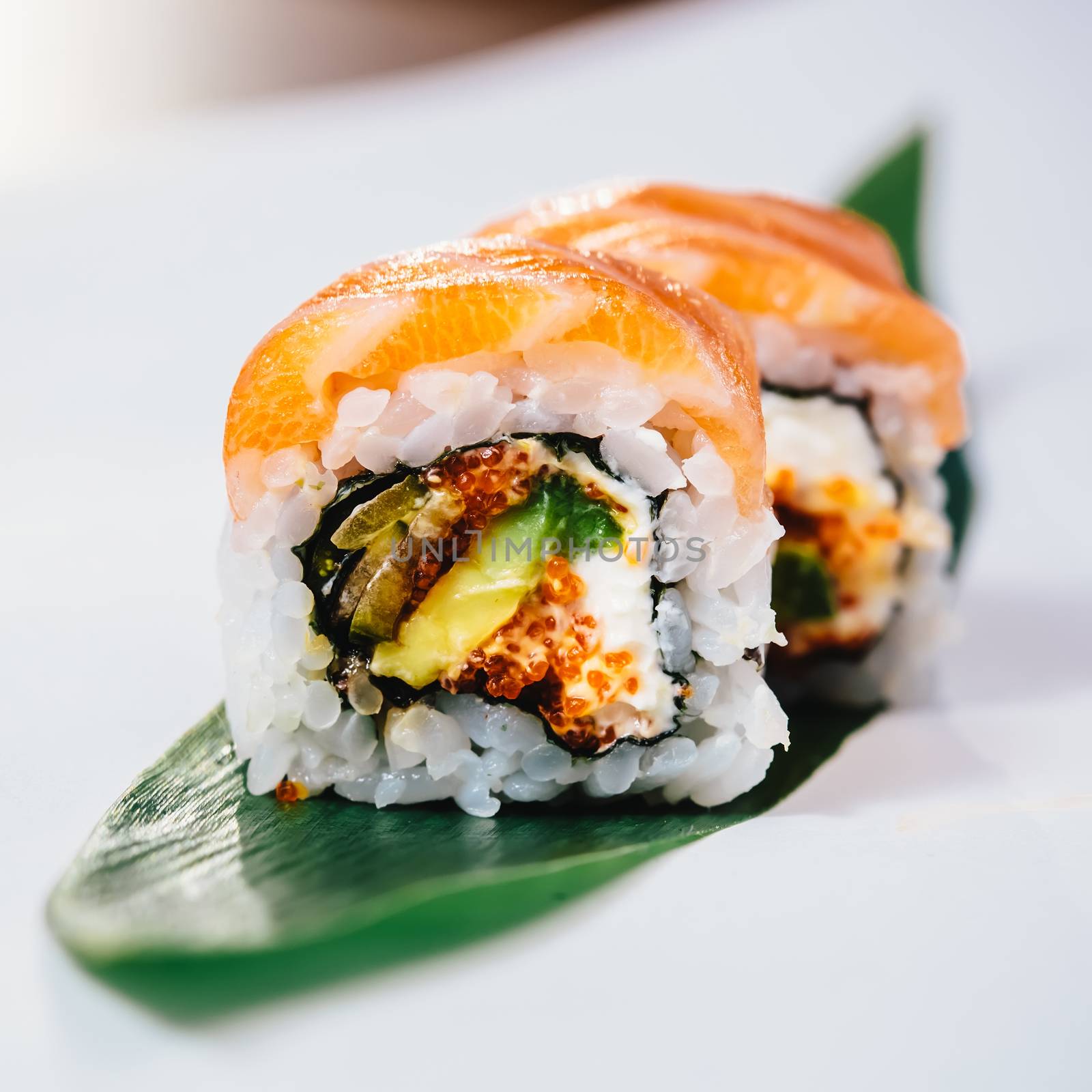 traditional fresh japanese sushi rolls on a white background