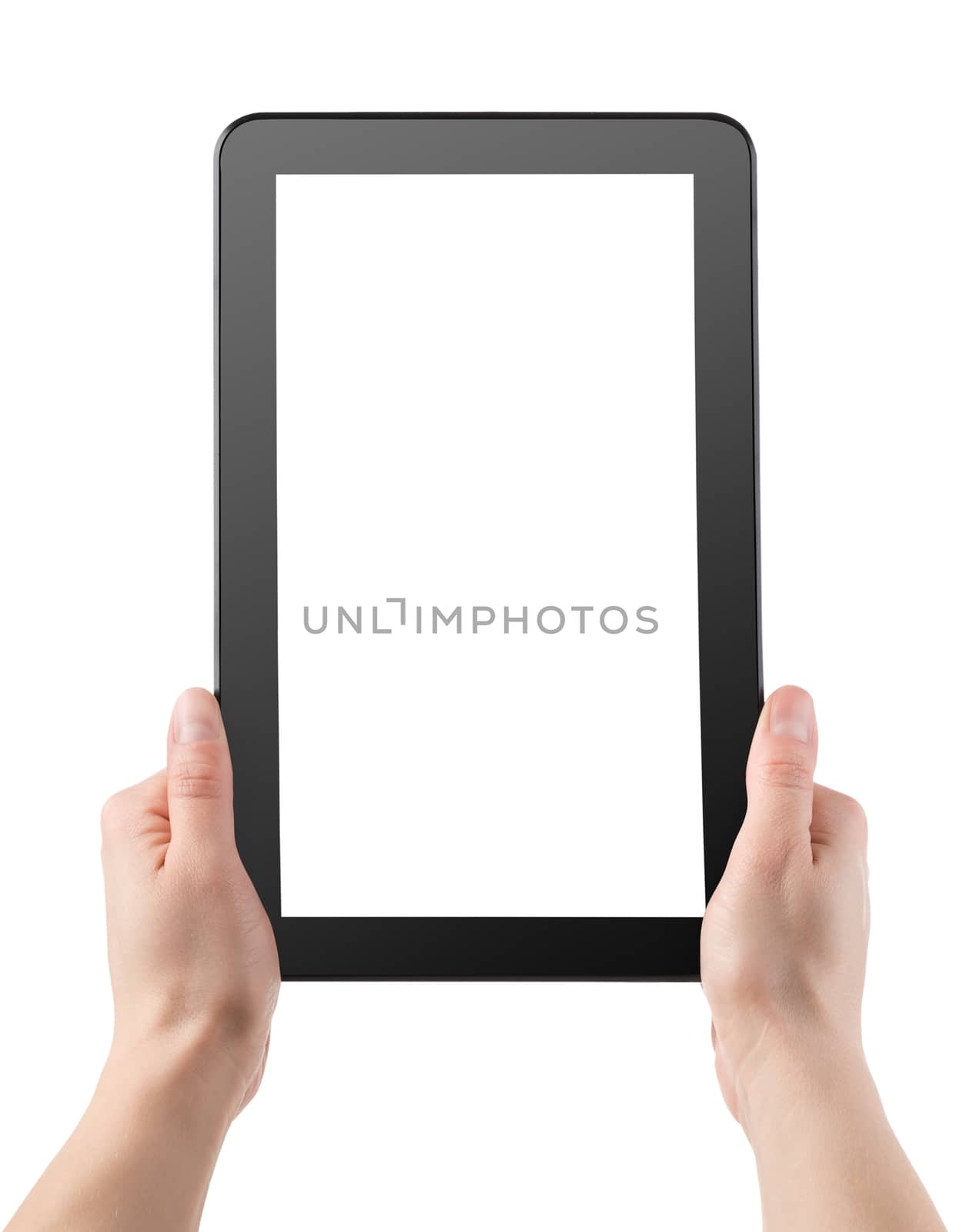 Tablet in hands isolated on a white background