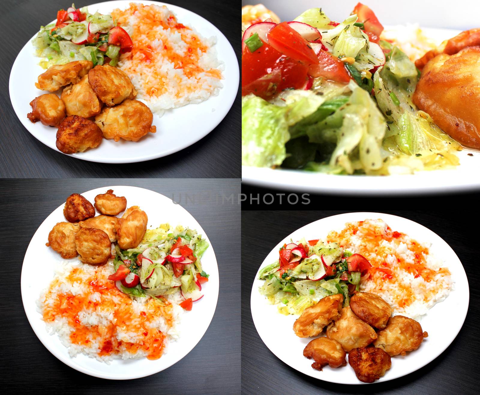 chicken on a plate with rice and salad, set of 4 pictures by JackyBrown