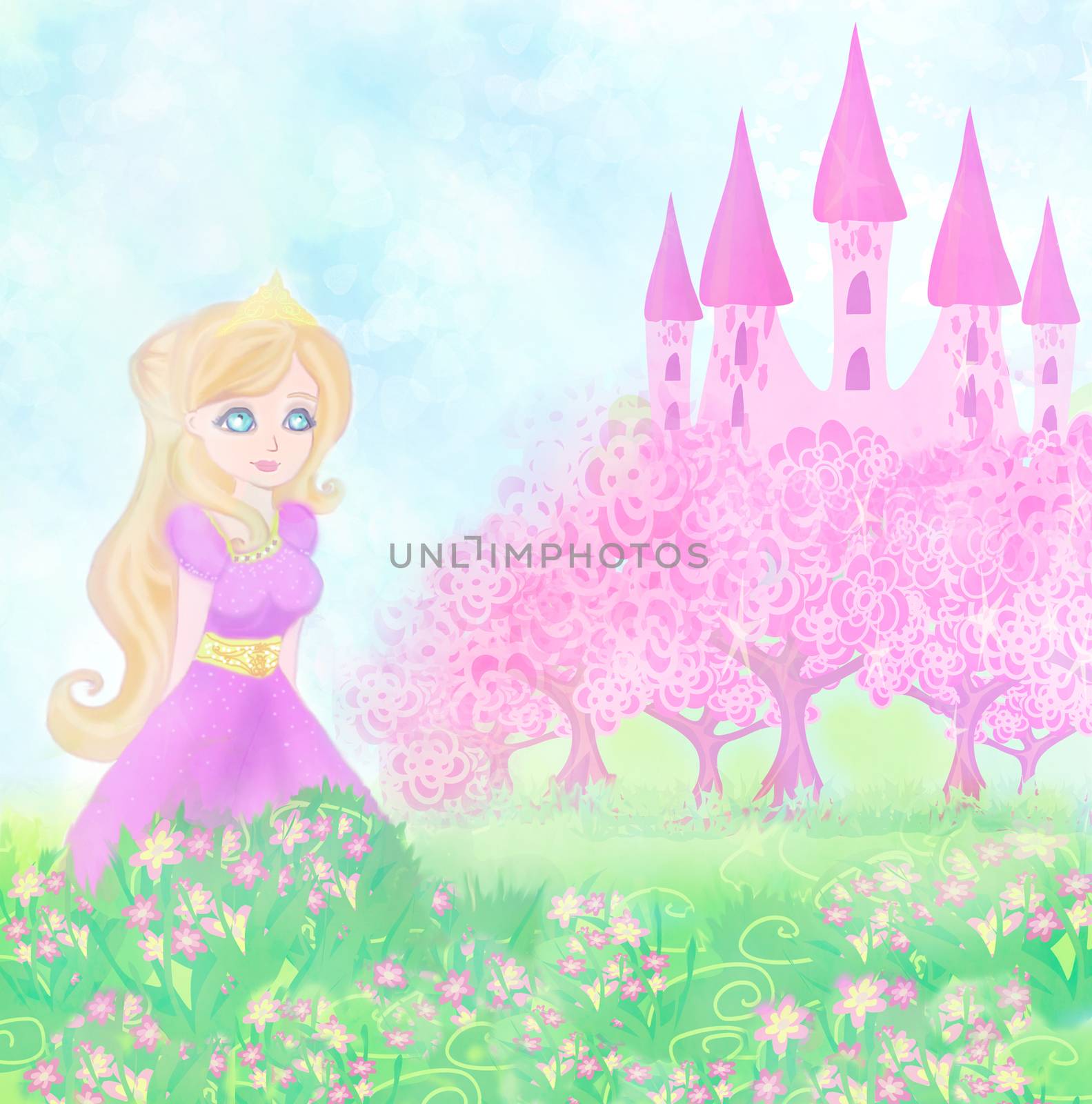 Beautiful young queen in front of her castle by JackyBrown
