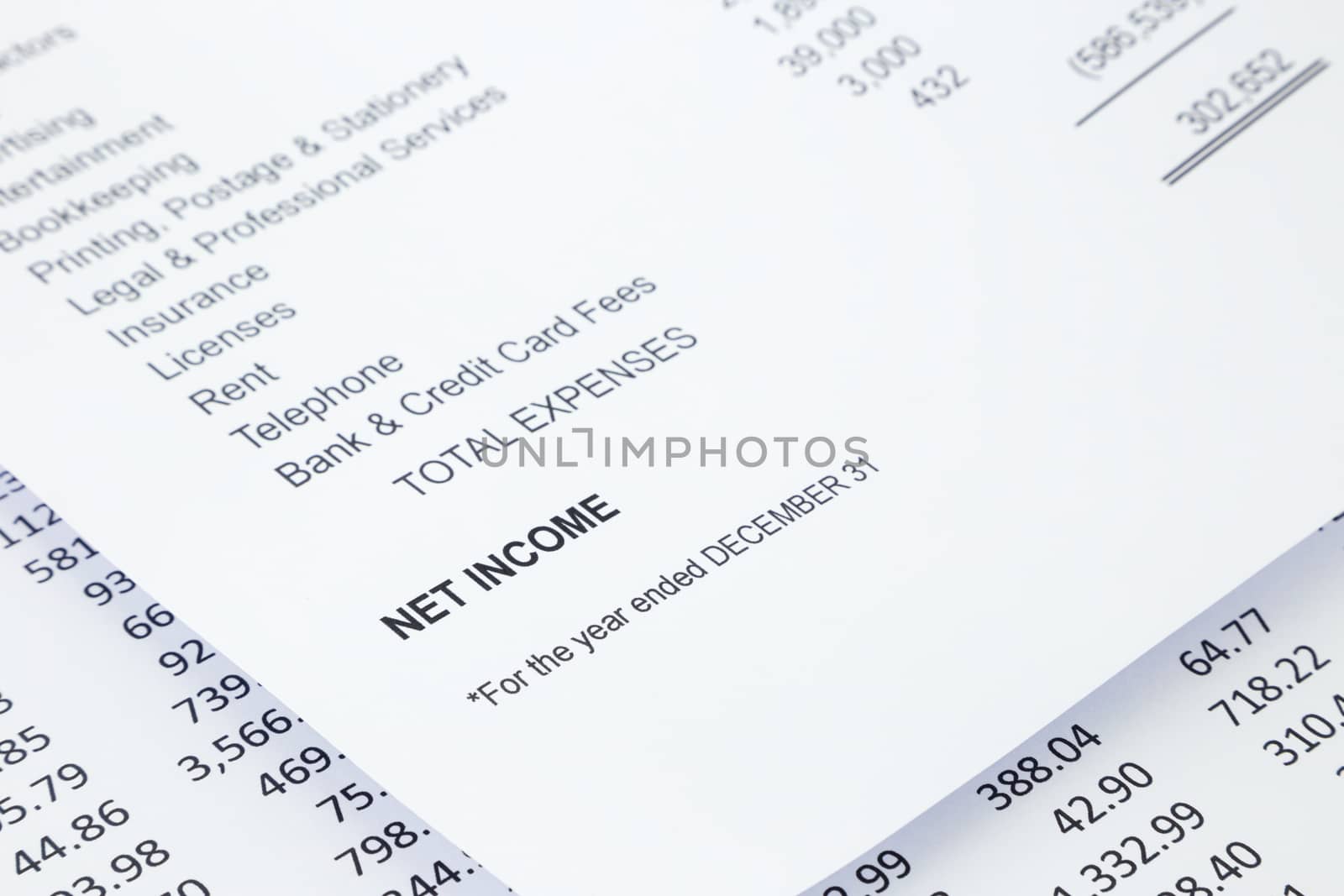 Net income word in business income statement with other detail lists in reports, accounting concept, black and white tone image