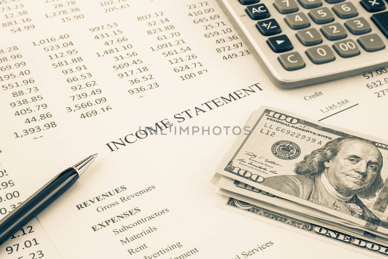 Money and income statement report in sepia tone by vinnstock