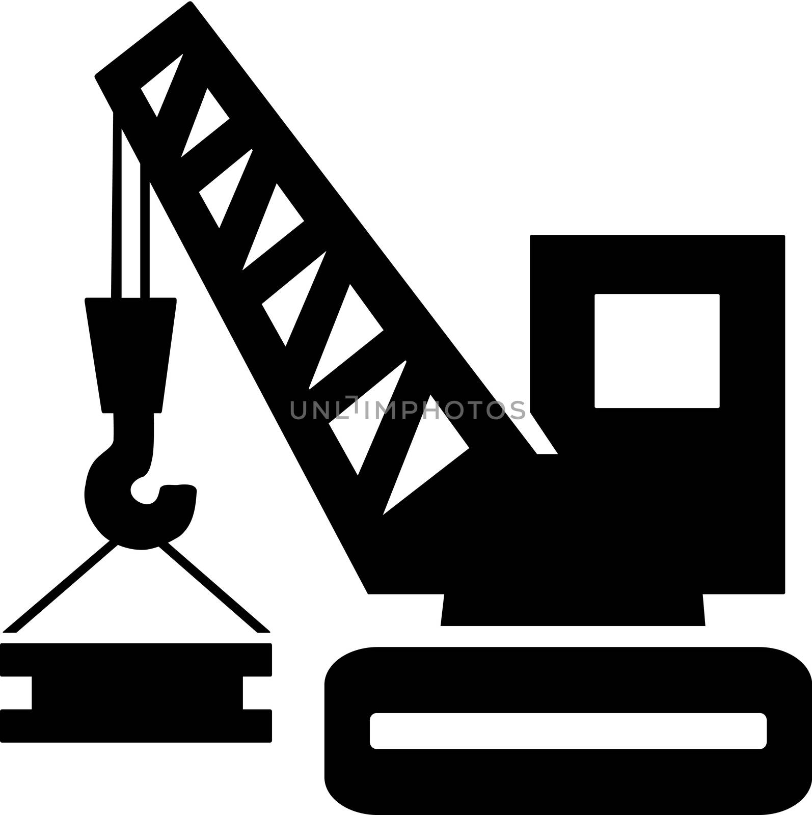 Silhouette of a crane lowering a heavy bar.