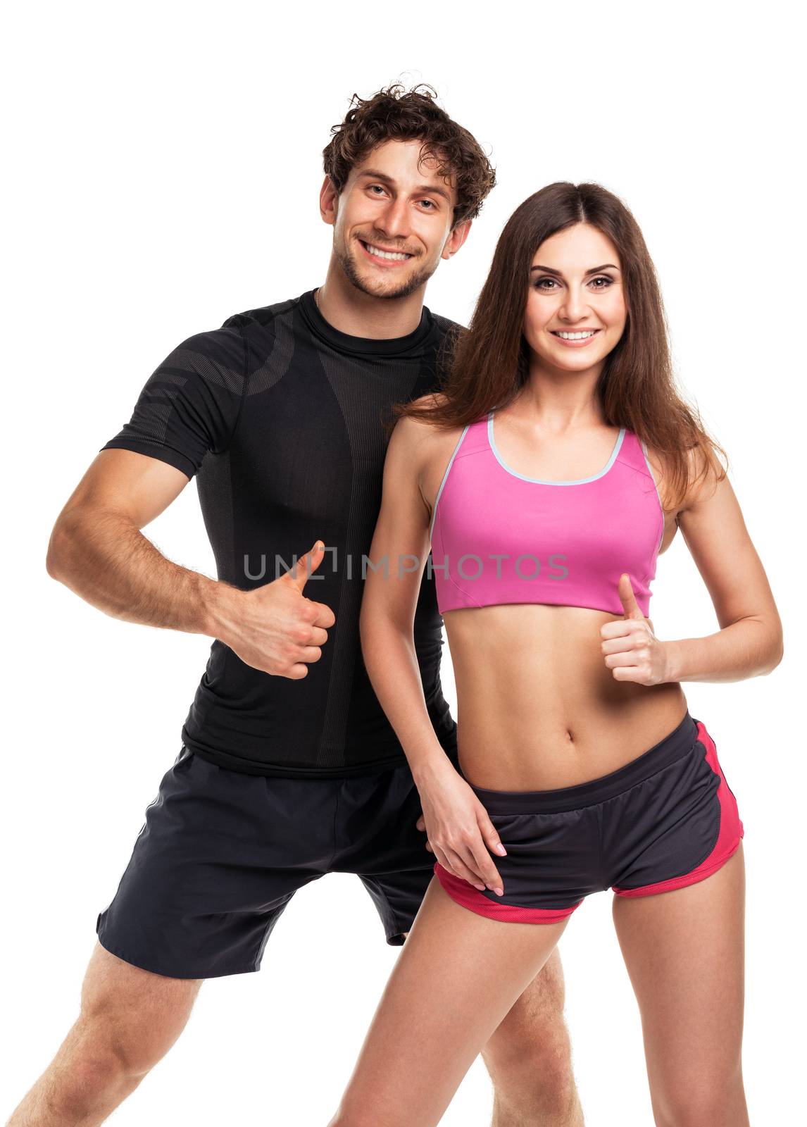 Sport man and woman after fitness exercise with a finger up on the white background