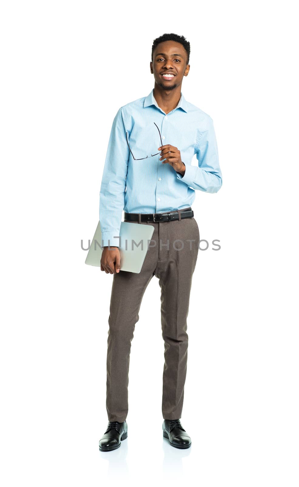 Happy african american college student with laptop standing on white background