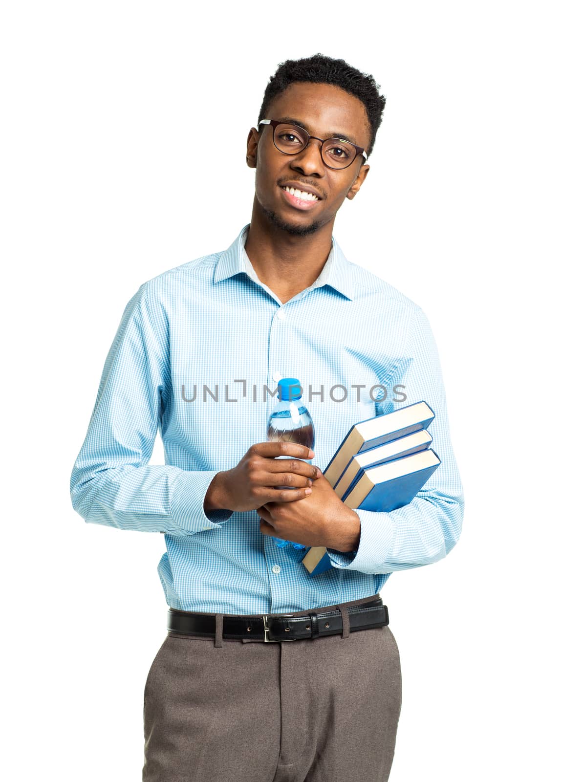 Happy african american college student with books and bottle of  by vlad_star