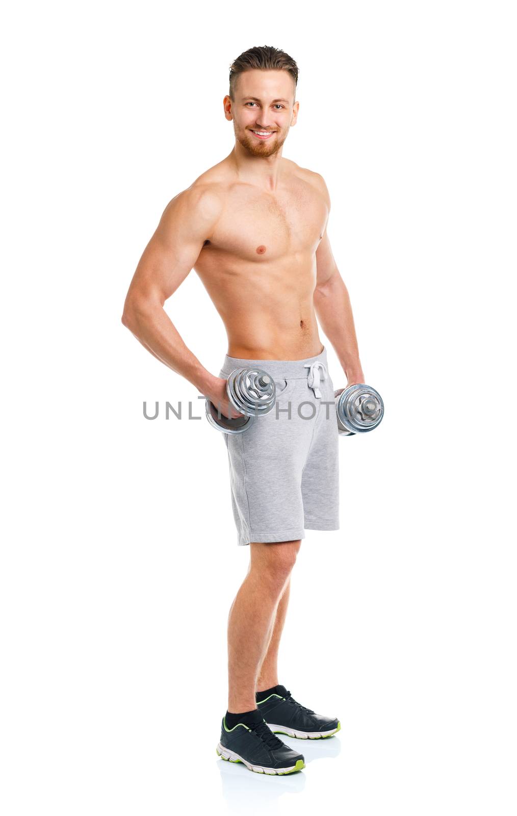 Sport man with dumbbells on the white background