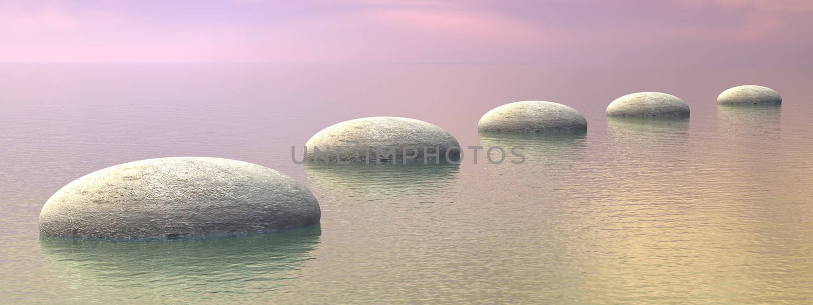 Grey stones steps upon the ocean by brown sunset - 3D render