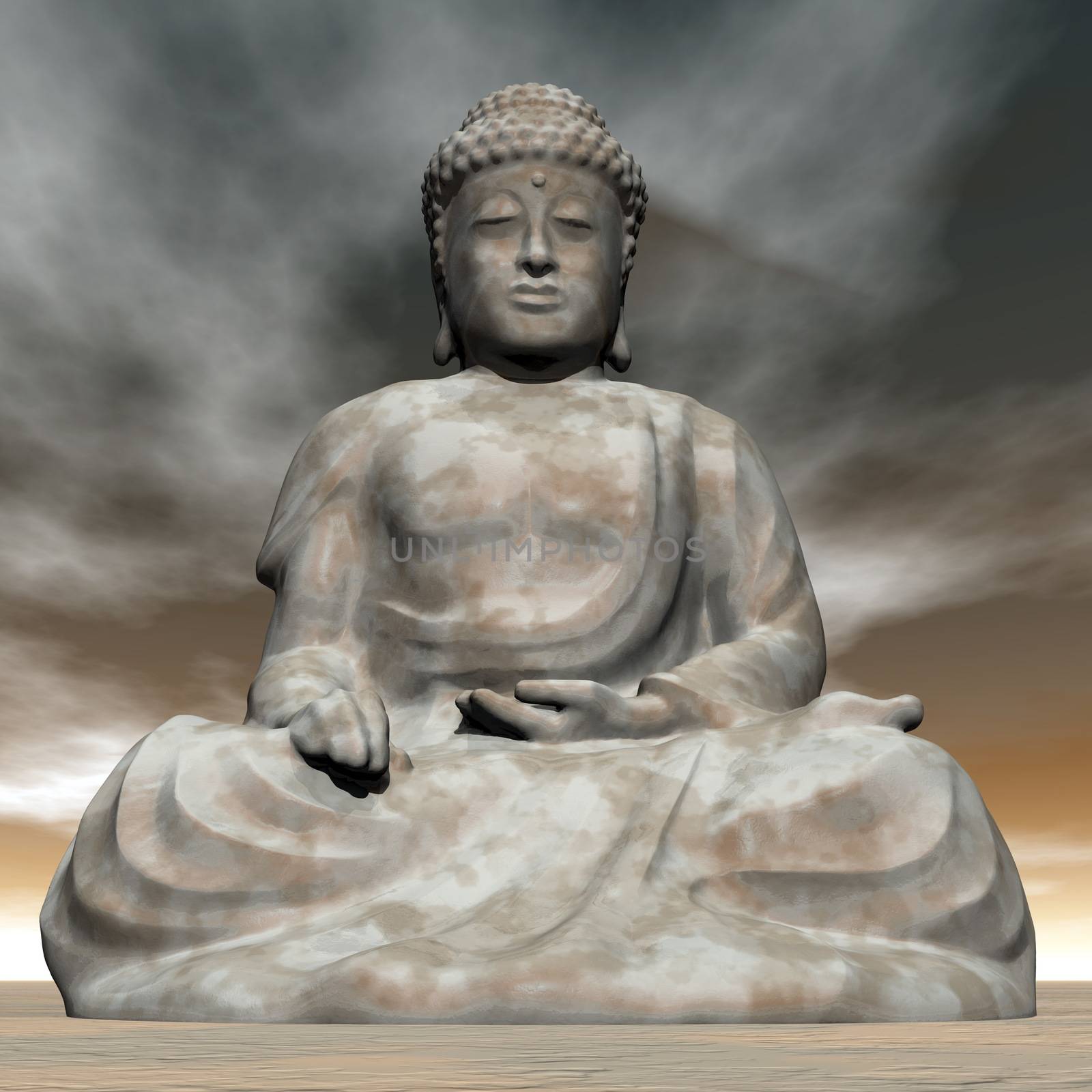 Big stone buddha by brown sunset - 3D render