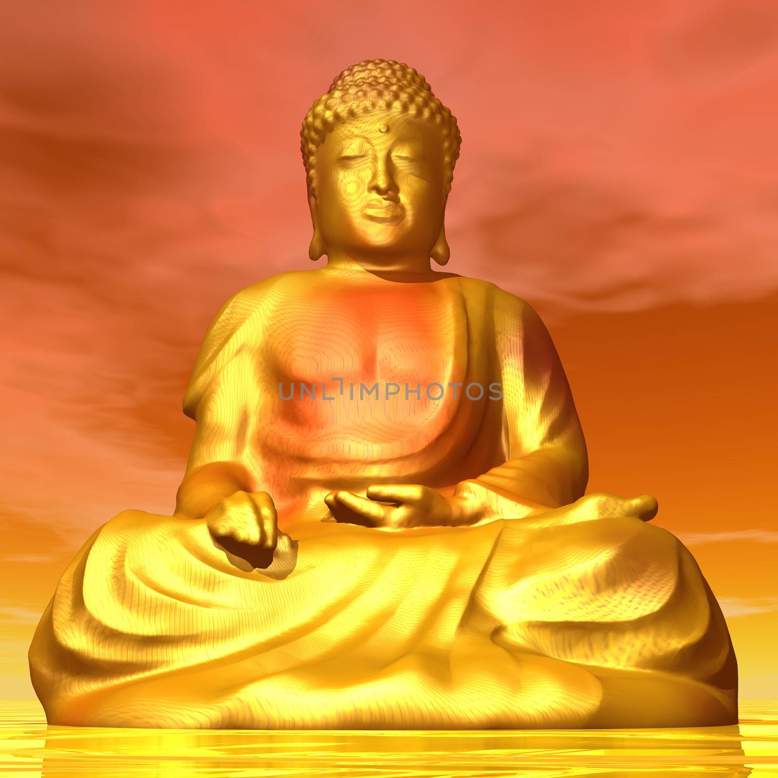 Big golden buddha by orange sunset- 3D render