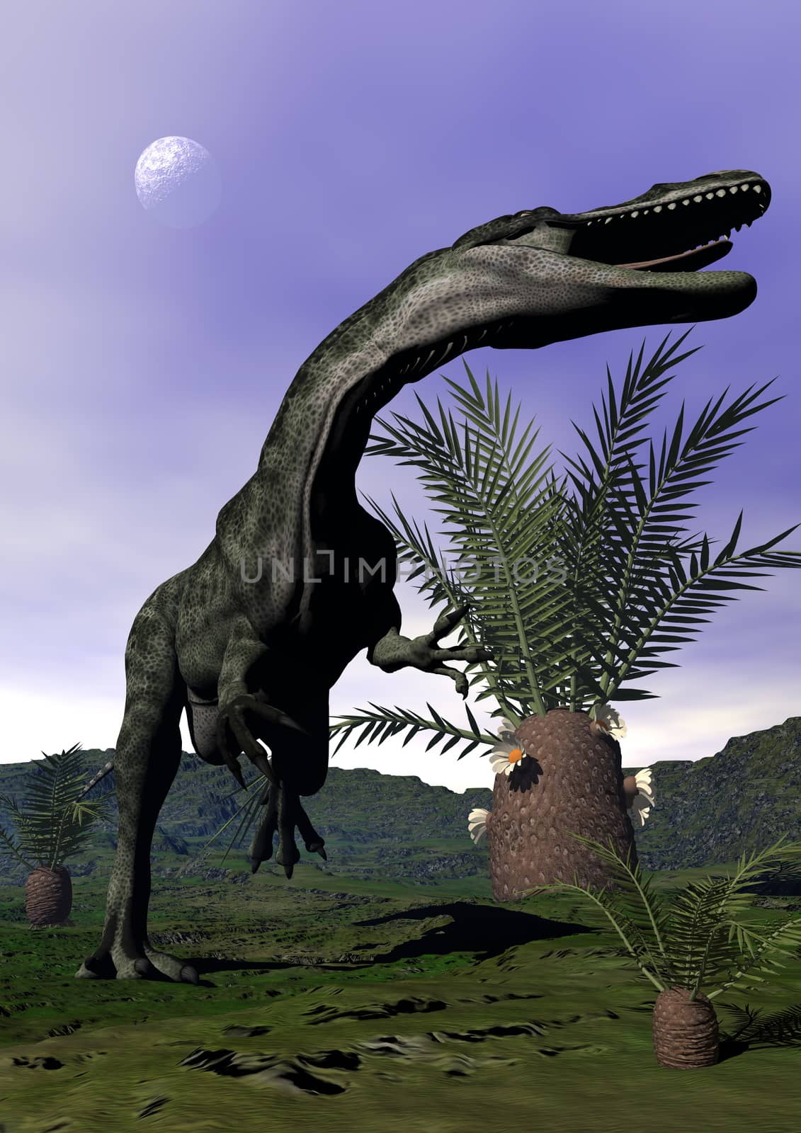 Monolophosaurus dinosaur roaring next to cycadeoidea plant by full moon evening - 3D render