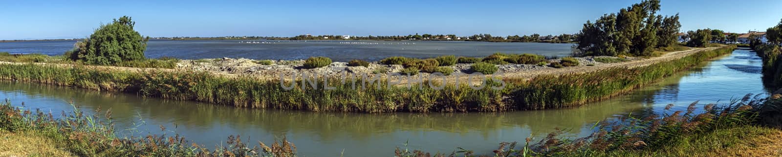 Paoramic composition of a sea channel by day, Camargue, France
