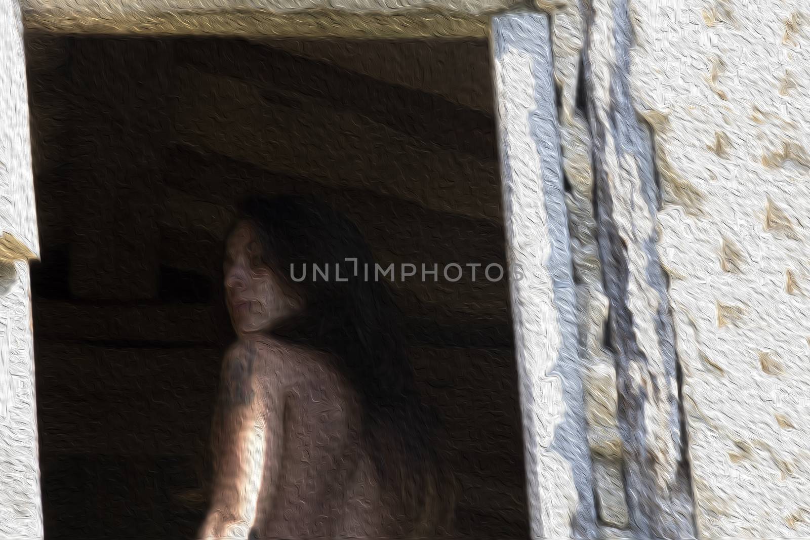 naked woman posing in a window