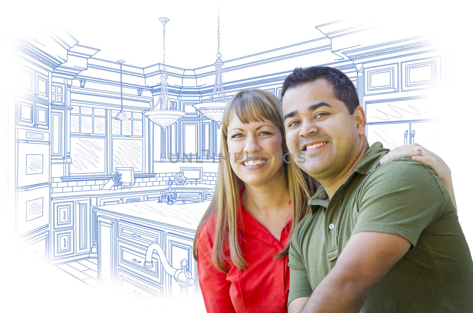 Mixed Race Couple Over Kitchen Design Drawing on White by Feverpitched