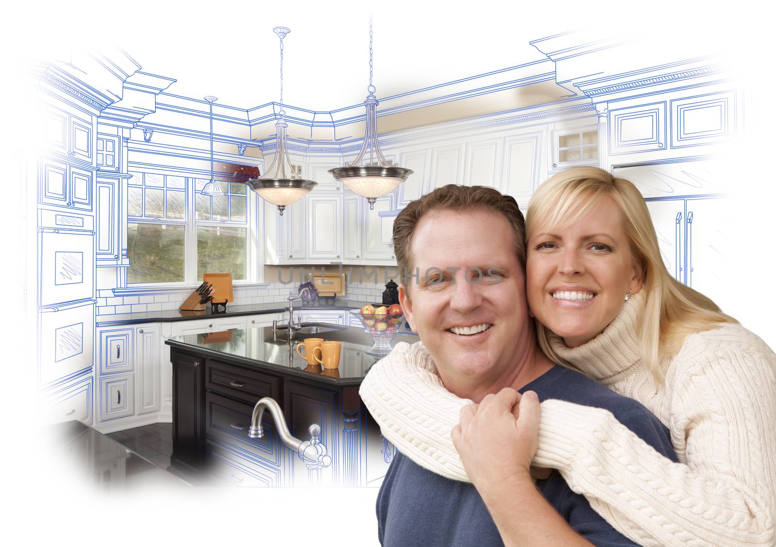 Happy Couple Hugging with Custom Kitchen Drawing and Photo Behin by Feverpitched