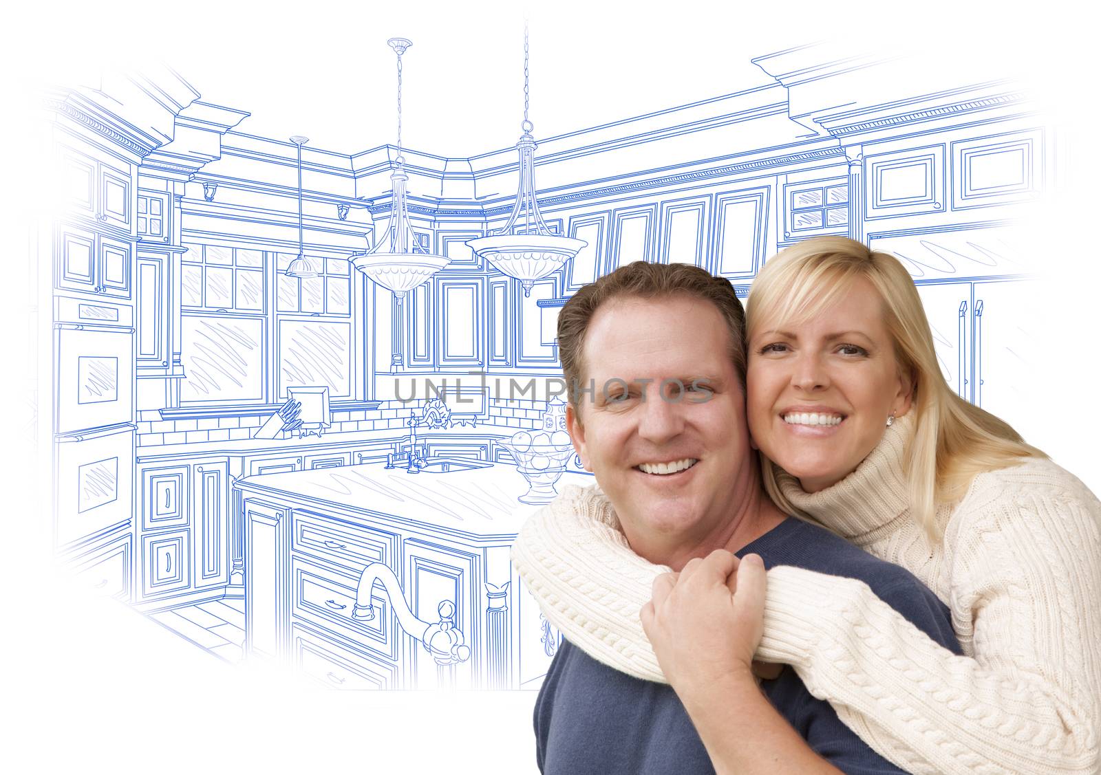 Happy Couple Hugging with Custom Kitchen Drawing Behind on White.