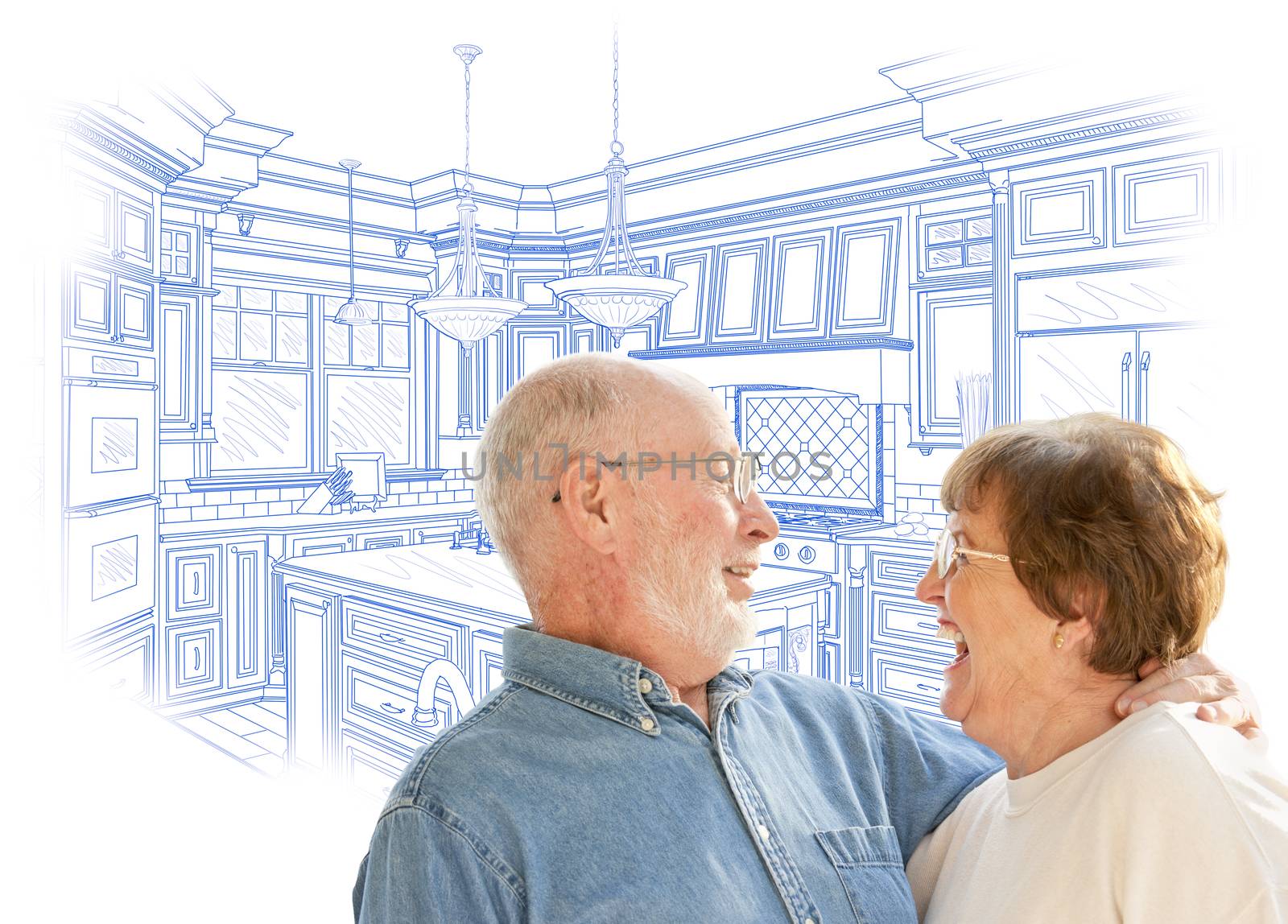 Happy Laughing Senior Couple Over Custom Kitchen Design Drawing on White.