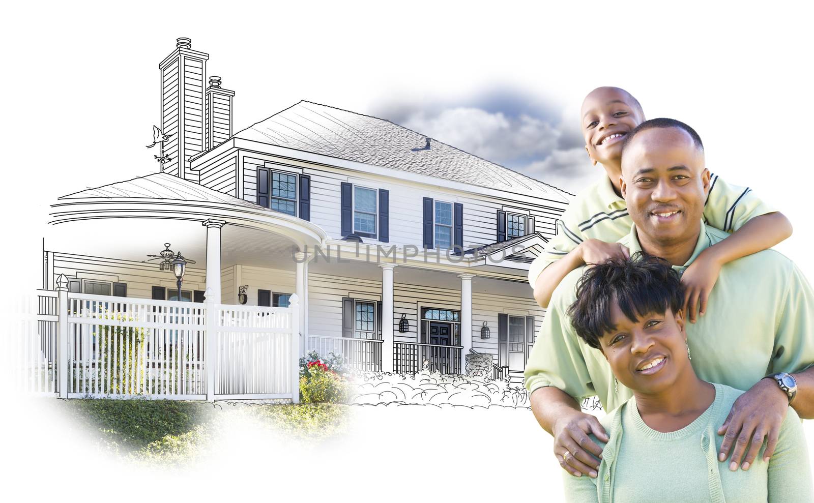 African American Family Over House Drawing and Photo on White by Feverpitched