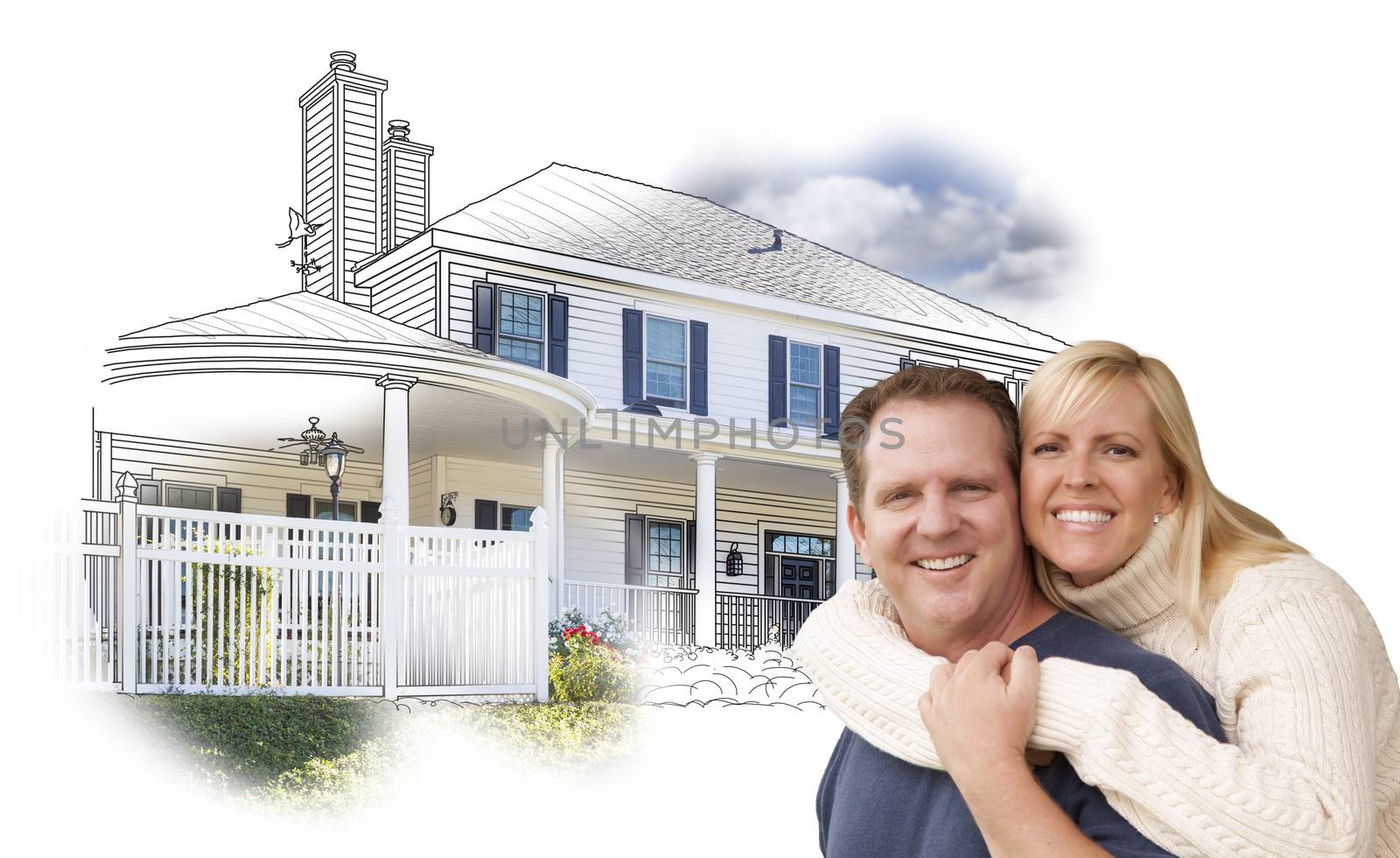 Happy Hugging Couple Over House Drawing and Photo Combination on White.