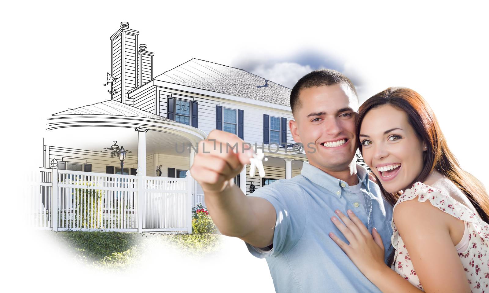 Military Couple with Keys Over House Drawing and Photo Combination on White.