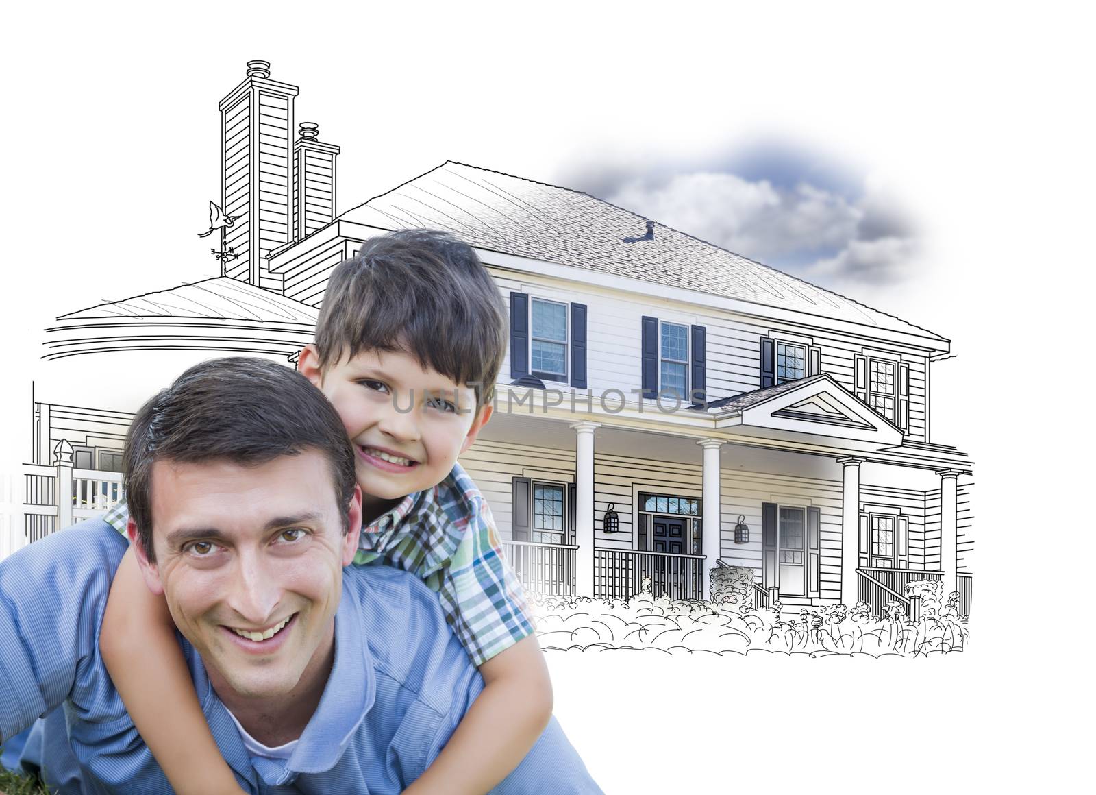 Father and Son Over House Drawing and Photo on White by Feverpitched