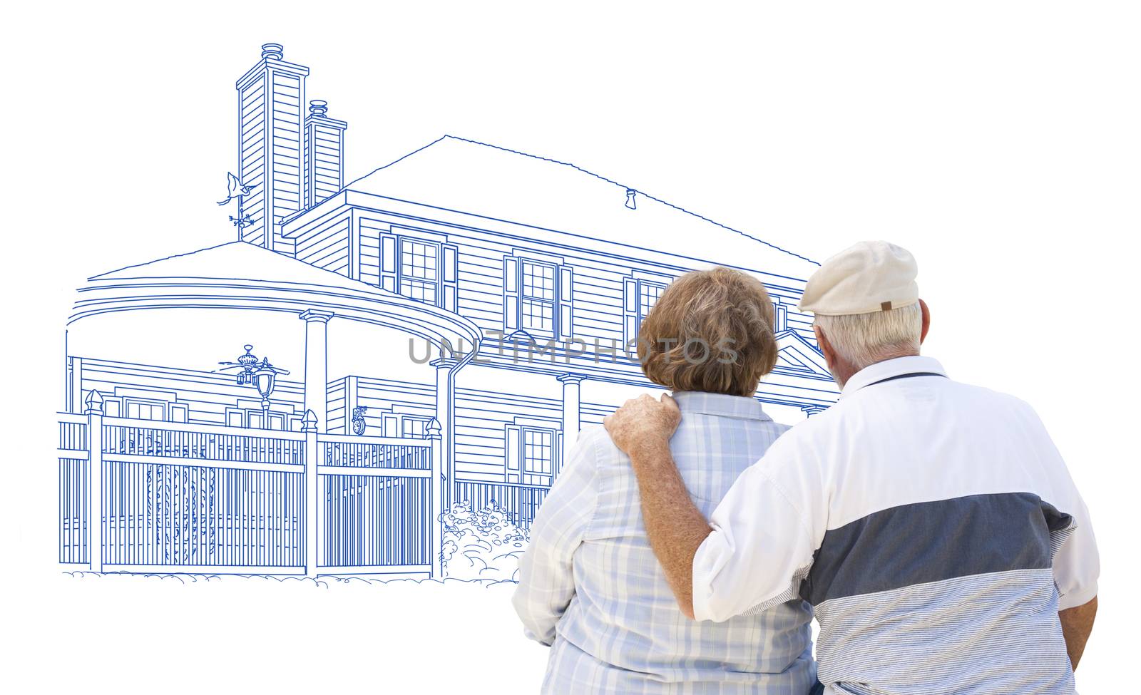 Curious Embracing Senior Couple Looking At House Drawing on White.