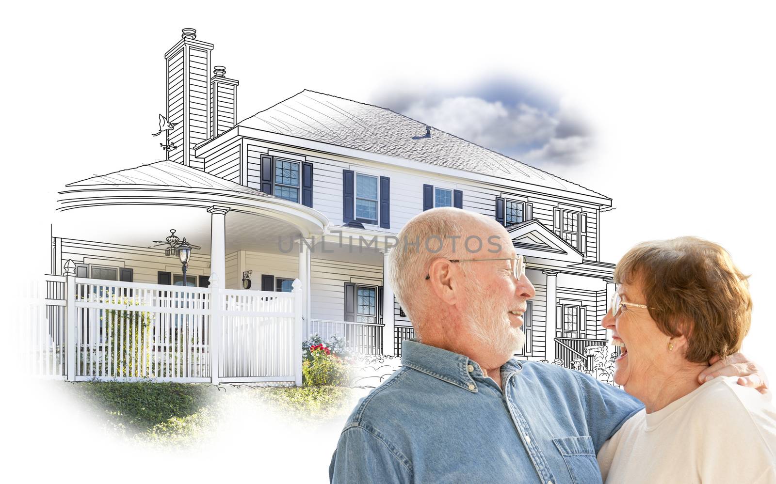 Happy Senior Couple Over House Drawing and Photo Combination on White.